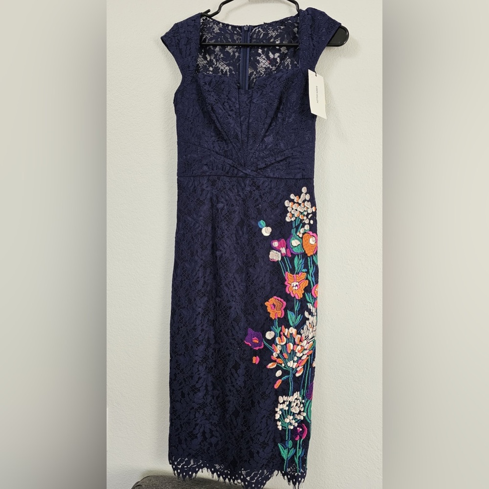 Elegant Navy Lace Dress with Floral Embroidery